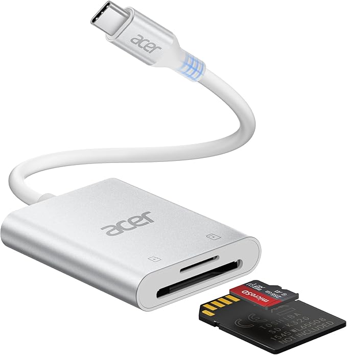 Acer SD Card Reader USB C, Dual Slots Type C to Memory Card Reader, Aluminum Micro SD Card Camera Adapter for MicroSD, SDHC, SDXC, Compatible with iPhone16/15, MacBook, Android, Laptop-Silver