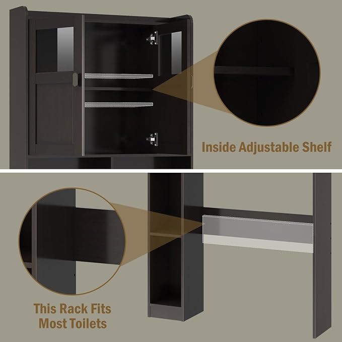 Vabches Over The Toilet Storage Cabinet, Bathroom Shelf Over Toilet with Glass Doors and Adjustable Shelves, Espresso Freestanding Home Space Save Toilet Rack for Restroom, Bathroom, Laundry