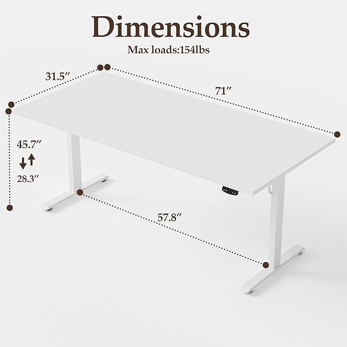 Klicelor 71 Inch Large Electric Standing Desk, Height Adjustable Office Desk, Sit Stand Up Computer Gaming Desk with Memory Preset, Three-Piece Desktop, White