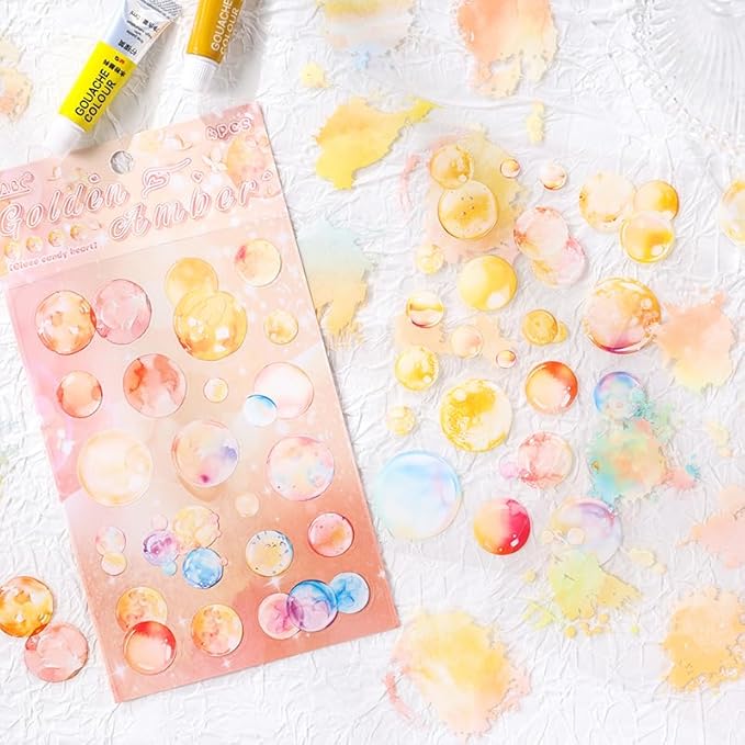 24 Sheets Precut Transparent PET Stickers for Journaling, 6 Assorted Colors, Watercolor Splash and Bubble Sticker for Scrapbooking, Junk Journal Supplies, Card Making, Collage, Arts Crafts