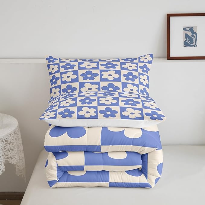 Castle Fairy Kids Cute Flowers Plaid Queen Size Comforter Set,Blue and Cream Floral Checked Bedding Set with 2 Pillowcases,Fashion Geometric Style Breathable Durable Polyester Bedding Set