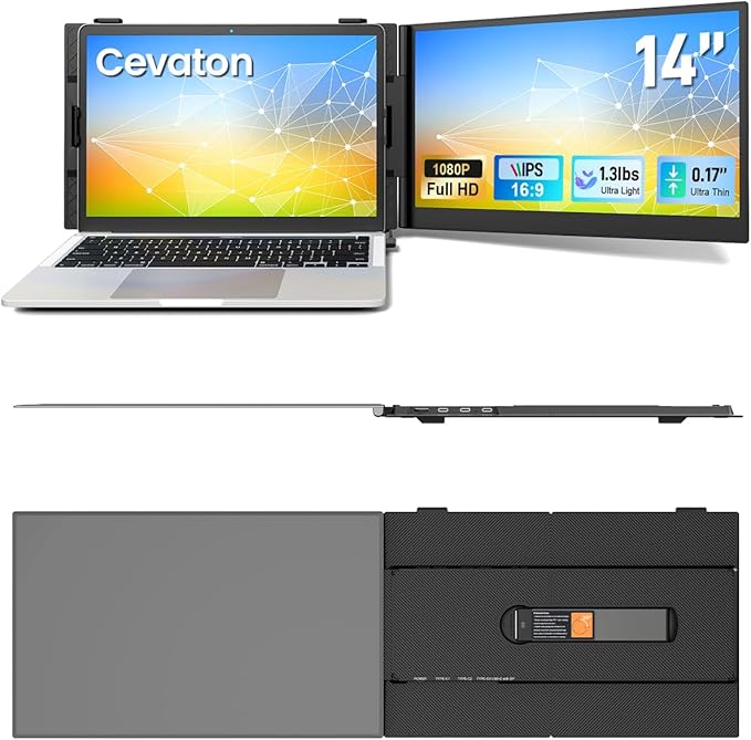 Cevaton Laptop Screen Extender, 14" Ultra-Slim & Lightweight Portable Monitor for 13"-17" Laptops, 1080P FHD Dual Monitor, One Cable Connection, Compatible with Wins/Mac/Android/Linux/Chrome (Grey)