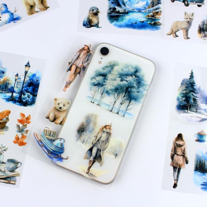 Dwpetzo Winter Pre-Cut Journal Sticker Book for Junk Journaling, Transparent PET White Snow Landscape Stickers for Scrapbook Supplies, Scrapbooking, Collage, Planners, Bujo, 20 Sheets
