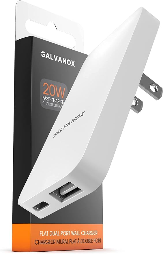 Type C Flat Wall Charger, Galvanox Ultra Slim (Multi-Port Power Adapter) for iPhone 13/14/15/16 iPhone 17 Pro/Max and Samsung Galaxy Models, 20W Fast Charging Outlet Plug (Dual USB-C USB-A)
