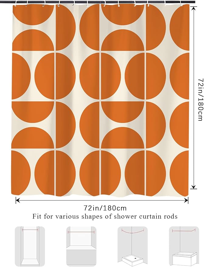 Orange Mid Century Modern Shower Curtain, Boho Abstract Geometric Retro Art Bath Curtains For Bathroom, Colorful Unique Pattern Waterproof Polyester Fabric Bathroom Accessories Set 12 Hooks 72X72IN