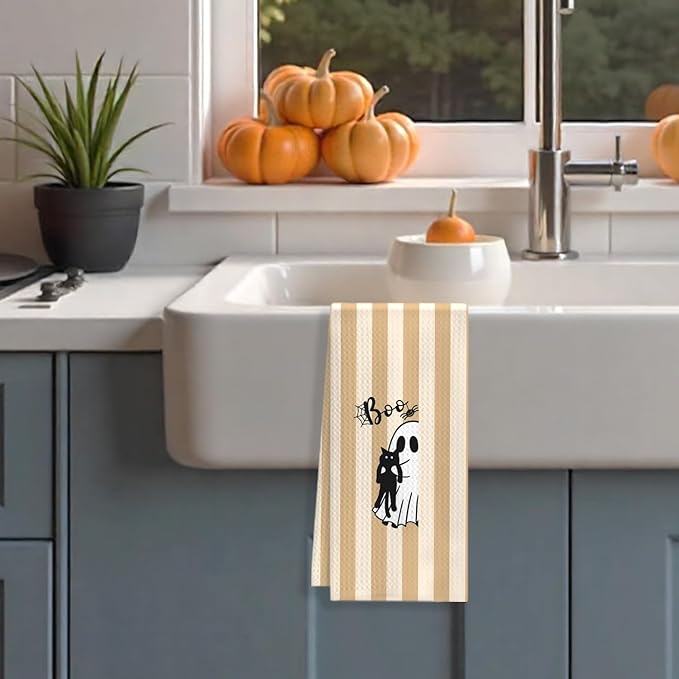Halloween Black Cat Kitchen Towels, Cat Lover Mom Lady Gifts Dish Tea Towels for Kitchen Decor, Orange Striped Halloween Ghost Decorative Hand Towel for Bathroom, 16x24 Inches