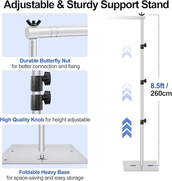 EMART Backdrop Stand, 8.5x10ft Width Adjustable Photography Background Support Poles with Heavy Duty Flat Base, Photo Metal Steel Pipe and Drape Frame Kit for Parties Birthday Wedding - Silver
