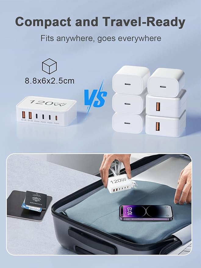 Otovoda 120W USB C Charger Block, 6 Port USB Charging Station for Multiple Devices, 5FT Desktop Multi Charging Hub Compatible with iPhone Samsung ipad, for Travel Home Office