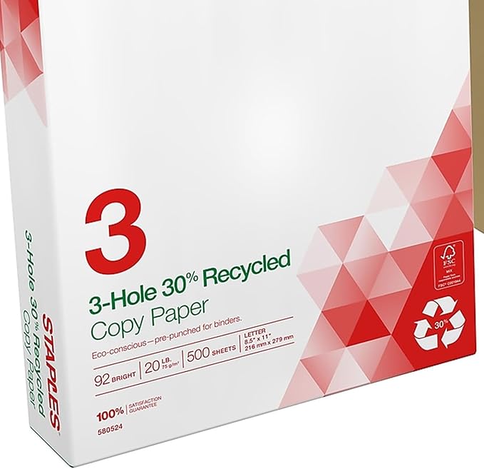 Staples Recycled 8.5 x 11-Inch, 3-Hole Punched Copy Paper 20 lb 92B 500/RM 10 RM/CT