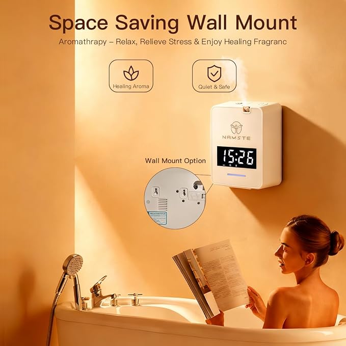 Namste Waterless Diffuser - HVAC System Essential Oil Diffuser with Clock - Whole House & Hotel Coverage 3000 Sq. Ft, 300ML Scent Machine Smart Oil Level Monitoring, Bluetooth Control, Cold Air Tech