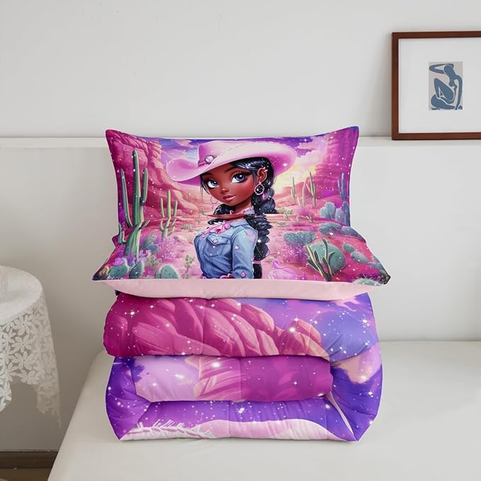 Western Cowgirl Comforter Set Twin Size,Reversible African Style Cute Girl Print Black Bedding Set for Kids Boys Men,Dreamy Stars Purple Galaxy Sparkling Quilted Duvet Set with 1 Pillowcase