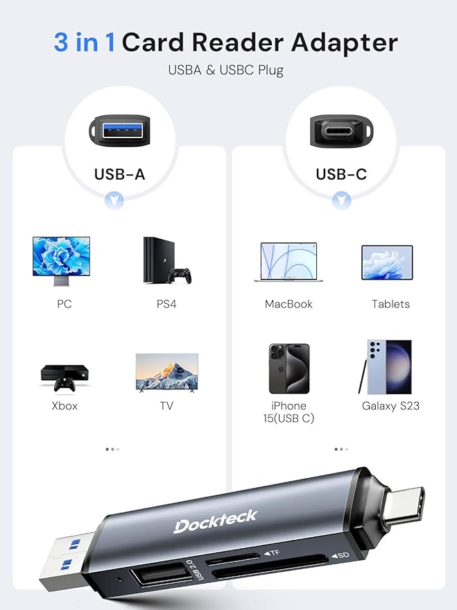 Dockteck SD Card Reader, 5G Super Speed USB3.0 SD/TF Card Reader, 3-Slot USB A/C to SD/Micro SD/USB A Memory Card Reader for UHS-I SD/Micro SD/SDHC/SDXC/MMC, Support OTG for Plug&Play (Pack of 2)