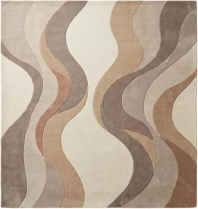 Geometric Multicolor Hand Tufted Wool Area Rug Modern Style Curve Pattern Warm Backing Floor Rug for Bedrooms Lounge Entryways & Gallary 5x5 Feet