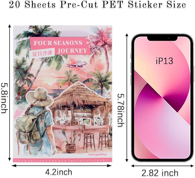Dwpetzo Summer Beach Pre-Cut Journal Sticker Book for Junk Journaling, Transparent PET Landscape Stickers for Scrapbook Supplies, Scrapbooking, Collage, Planners, Bujo, 20 Sheets