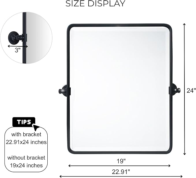 Farmhouse Black Metal Framed Pivot Rectangle Bathroom Mirror Rounded Rectangluar Tilting Beveled Vanity Mirrors for Wall, Overall 22.91 x 24 inches (Mirrror 19 x 24 inches)