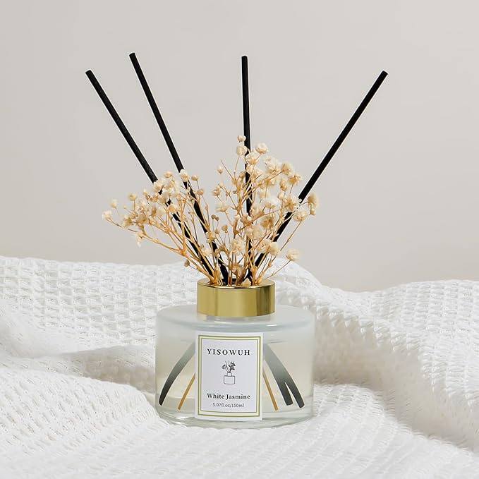 YISOWUH Reed Diffuser Set,5.07 fl oz (150 ml) - White Jasmine Oil Diffusers with 8 Reed Sticks,Home Fragrance Reed Diffuser for Bathroom Shelf Decor