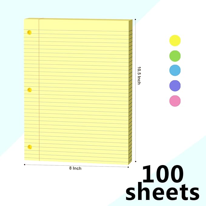 Yellow Loose Leaf Paper 200 Sheets Colored Filler Paper 2 Pack 8 * 10.5 College Ruled Paper 3-Hole Punched Paper for 3-Ring Binders Notebook Lined 8" x 10.5"