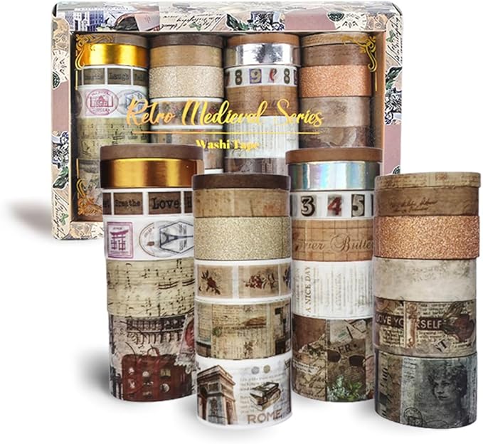 QUDUME 24 Rolls Vintage Writable Washi Tape Set, Retro Floral Butterfly Decorative Tape for Scrapbooking Junk Journal Bullet Journaling Supplies DIY Crafts