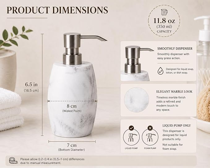 Clasin Home Resin Soap Dispenser Set 2, Refillable Hand Soap Dispenser with White Marble Look and Metallic Pump, Kitchen, Bathroom, Waterproof Labels (12 Oz)