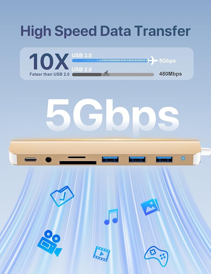 USB C/USB Hub Multiport Adapter,USB 3.0 Hub Aluminum 8 in 1 USB Splitter with SD/TF Card Reader,1 x USB 3.0, 3 x USB 2.0, 1 x USB C,and 3.5mm Audio Output for MacBook Pro Air,iPad Pro,Laptop-Gold