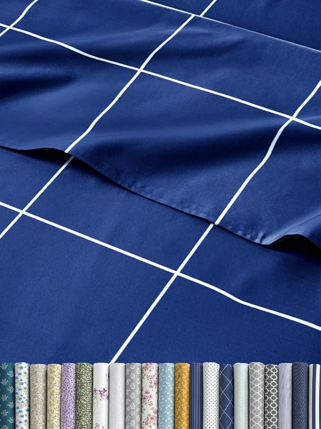 CGK Unlimited Blue Grid Bed Sheet Set – 1 Flat & 1 Fitted Sheet & 2 Pillowcases w/Deep Pockets – Wrinkle & Fade Resistant - Soft, Breathable & Cooling – Checkered Grid Bed Set, Seasons - Queen Size