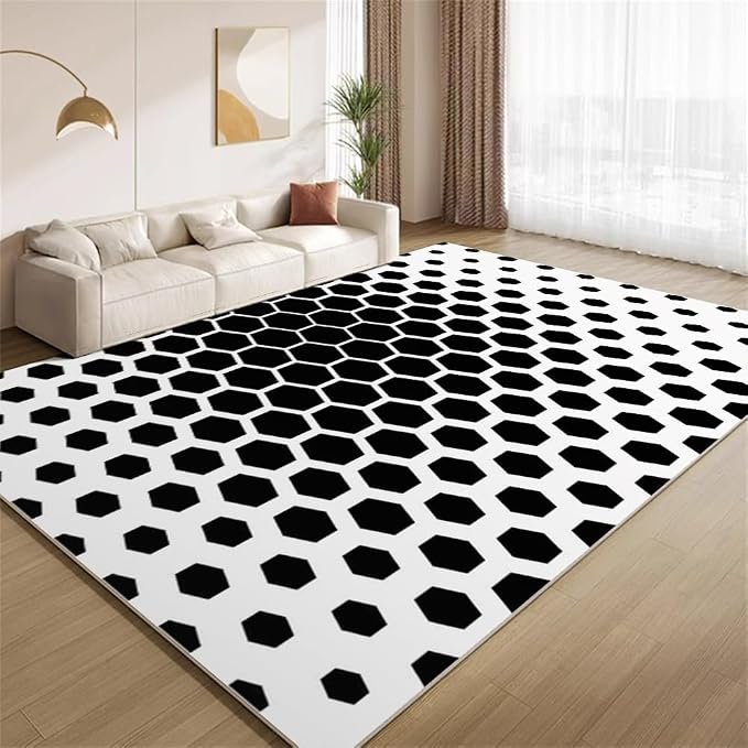 Modern Geometric Area Rugs, Black White Honeycomb Carpet, Washable Non Slip Low Pile Soft Rug for Living Room Bedroom Decor Mat 2x3ft(Small)