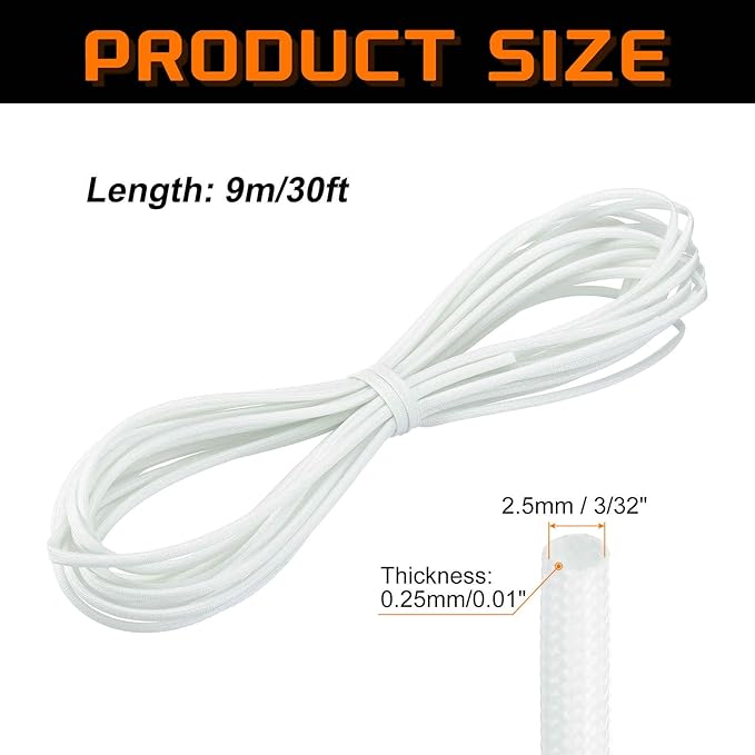 MECCANIXITY 30ft Braided Cable Sleeve, 3/32" ID 200C High Temperature 1500V Fiberglass Wire Insulation Cord Protector Organizer Wires Management for Motor Engine Fuel Line, White
