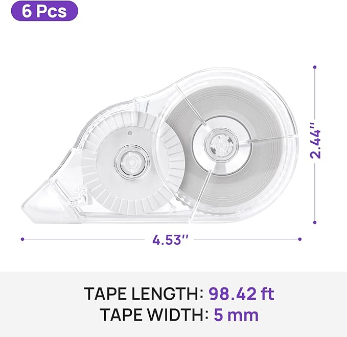 JEFURE 6 Pcs Correction Tape, 98.43 Ft White Wrong Out Tear-Resistant Bulk, Instant Corrections Easy To Use Applicator for School, Office, Note Taking, Journal (Tape Width 0.2 in，Clear)