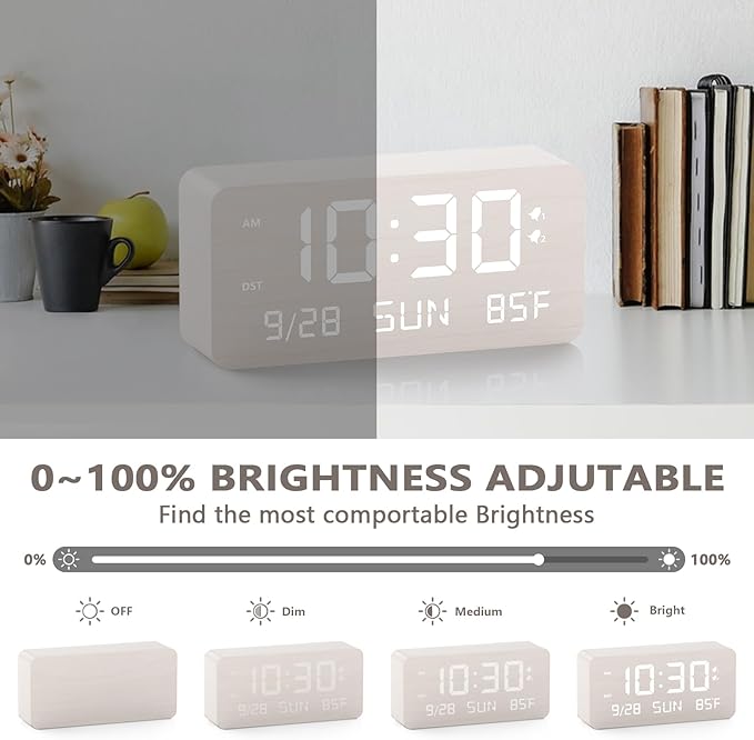 Fomobest Wooden Digital Alarm Clock for Bedroom - Desk Clock with Date, Day of Week, Temperature, Dual Alarms, Dimmer, USB Port Charge, DST, Adjustable Volume for Living Room/Office Wood Decor (White)