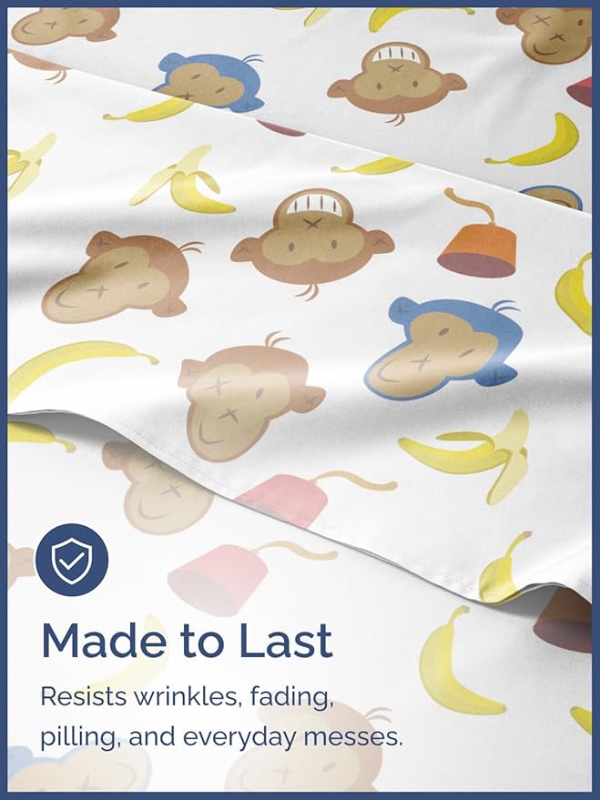 Kids Twin Size Monkey Bed Sheets - 3 Piece Monkey Sheet Set - Cartoon Banana Bedding - Ultra-Soft, Cute & Cozy - Comfy, Breathable & Machine Washable - Animal Bed Set for Boys, Girls, Teens & Toddlers