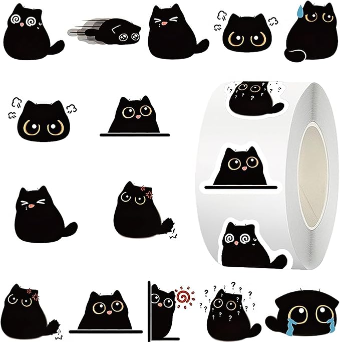 500 Pcs Black Cat Stickers Roll, 10 Styles Cute Cartoon Kitten Sticker, Waterproof Vinyl Cat Party Favors for Journals, Laptops, Scrapbooking Bulk Stickers for School & Birthday Goodie Bags