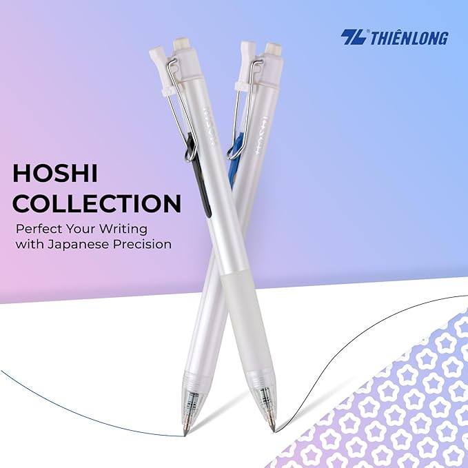 Thien Long Hoshi 6 PCs Premium Retractable Gel Pens Black Ink, 0.5mm Fine Point, Auto-Lock Pocket Clip, Quick-Dry Japanese Ink - Perfect for Teacher, College, School & Office Supplies