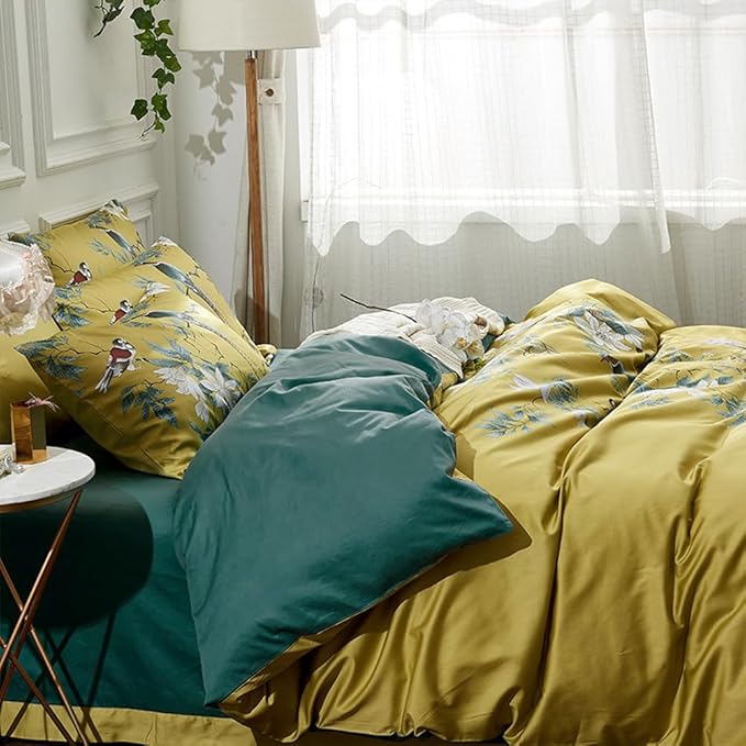 mixinni Bird Duvet Cover Twin XL Garden Floral Duvet Cover Cotton Flowers on Yellow Bedding Set Girls Bedding Comforter Cover for Teen Girls 1 Duvet Cover with 2 Pillowcases-Twin XL Size