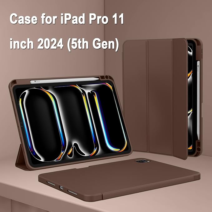 ZryXal iPad Pro 11 Inch Case (M5) 2025/ (M4) 2024 (Model: A2836/A2837/A3006), Trifold Stand Smart Cover with Pencil Holder and Soft TPU Back, Auto Wake/Sleep (Chocolate)