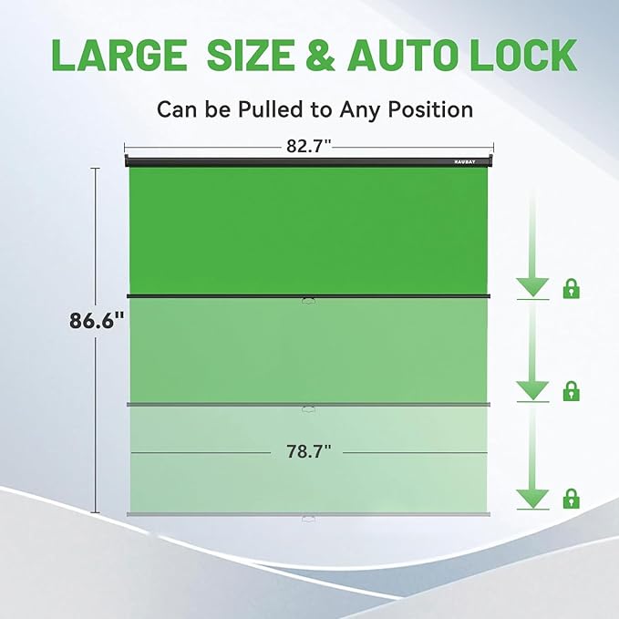 RAUBAY Retractable Pull Down Green Screen - 78.7" x 86.6" Collapsible Wall-Mount Background for Professional Video Production, Chroma Key Backdrop for YouTube, TikTok, Streaming, Video Conferencing