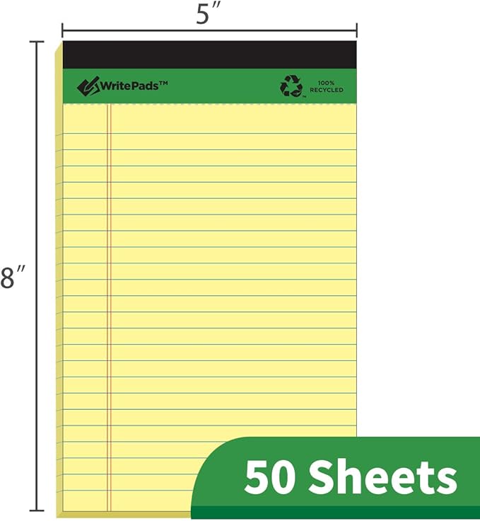 KAISA Legal Pad Writing Pads, 5"x8" Legal Ruled, 8.5"x11.75" Wide Ruled, 56GSM Paper Notepads, 12pads (Canary 48pad, 5x8inch)