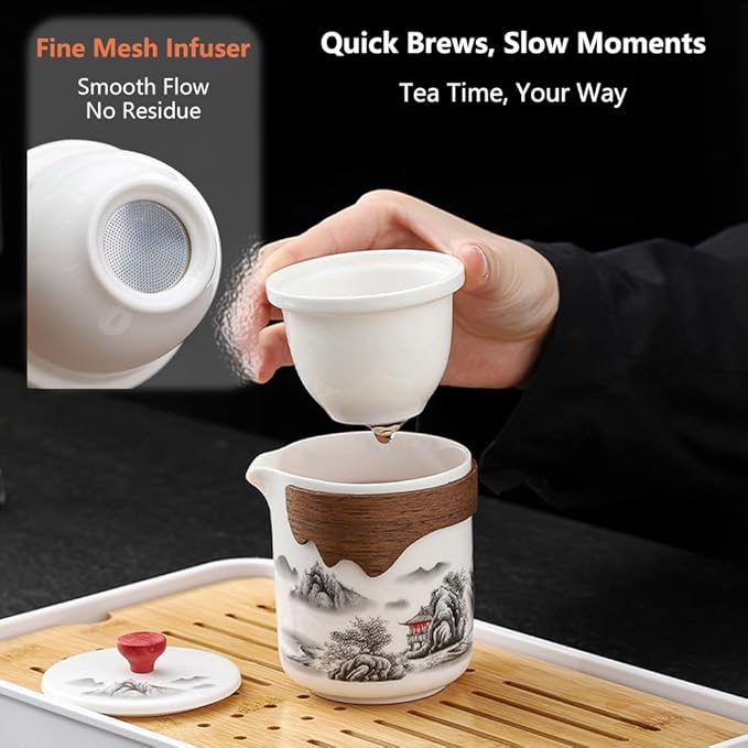 Portable Chinese Kung Fu Tea Set with Removable Infuser - 6 Cup Ceramic Travel Tea Set for Home, Office, or Outdoor Use