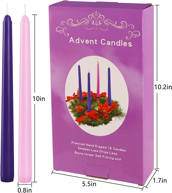 16pcs 10-inch Advent Taper Candles Unscented and Dripless for Christmas, Advent, Holidays, Church, Devotional, Celebration, Party (Purple, Pink)