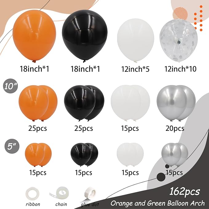Orange and Black Balloons Arch Kit, 162pcs Orange Black White Metallic Silver and Confetti Balloons for Basketball Theme Birthday Halloween Trick or Treat Fall Party Decorations