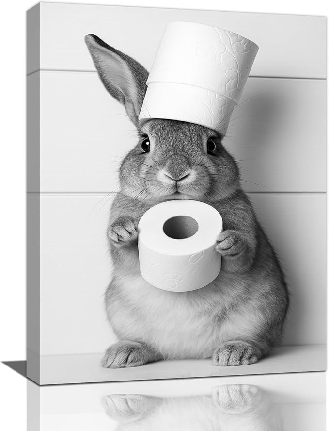 Bunny Bathroom Wall Art, Rabbit Pictures Wall Decor, Animal Canvas Prints Painting, Framed Artwork For Bathroom Living Room Bedroom Office Dining Room 24"X16"