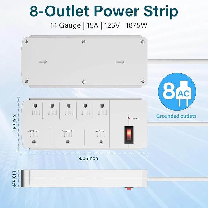 Elecan Surge Protector Power Strip with 8 Ft Extension Cord, 8 Widely Spaced Outlets with Safety Cover, 45 Degree Flat Plug Wall Mountable Multi Outlet Extender, Heavy Duty 14AWG, 1200J/125V,ETL-White