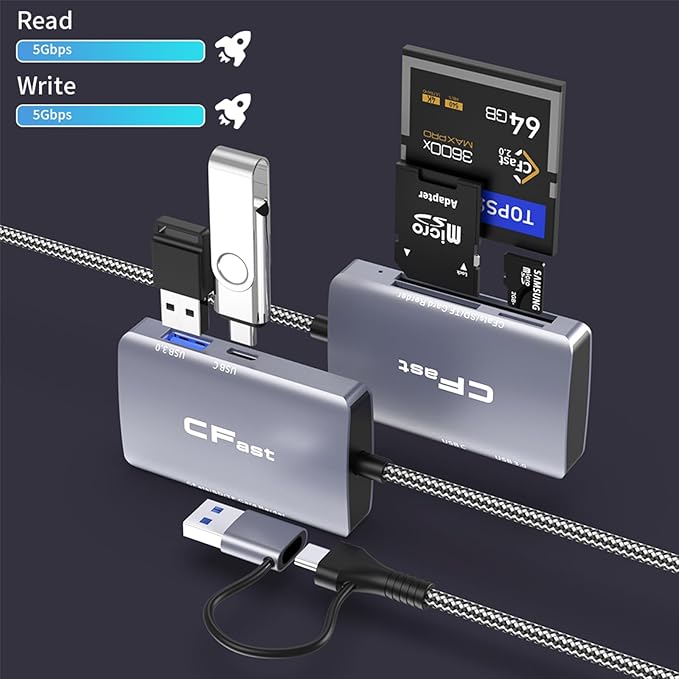 CFast Card Reader, 5 in 2 CFast 2.0 SD/TF Memory Card Reader, 5Gbps PD/USB 3.2 Gen 1 Adapter with USB C/USB A Cable Compatible with Windows/Mac/Linux/Android (5 in 2)