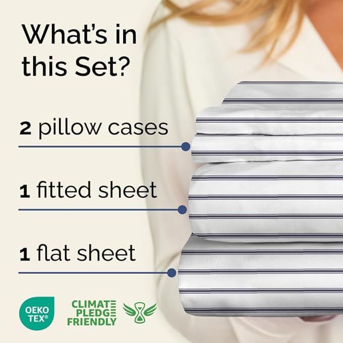 Blue and White Striped Sheets - 1 Flat & 1 Fitted Sheet & 2 Pillowcases w/ Deep Pockets - Cozy, Wrinkle & Fade Resistant - Ultra-Soft, Breathable & Cooling - Luxury Pinstripe Bedding - Queen Size
