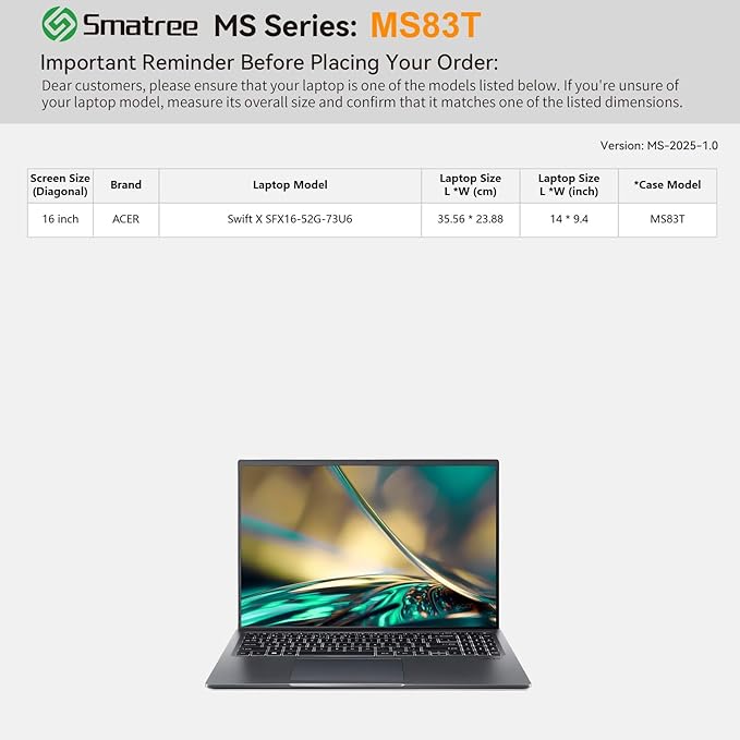 Smatree MS83T Hard EVA Protective Sleeve Case with Stand Compatible for 16 inch Acer Swift X Laptop-SFX16-52G-73U6