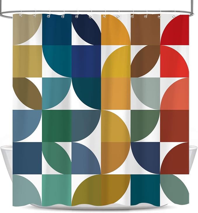 Colorful Mid Century Modern Shower Curtain, Boho Abstract Geometric Retro Art Shower Curtains for Bathroom, Rainbow Unique Cute Pattern Polyester Fabric Bathroom Set 12 Hooks 60X72IN