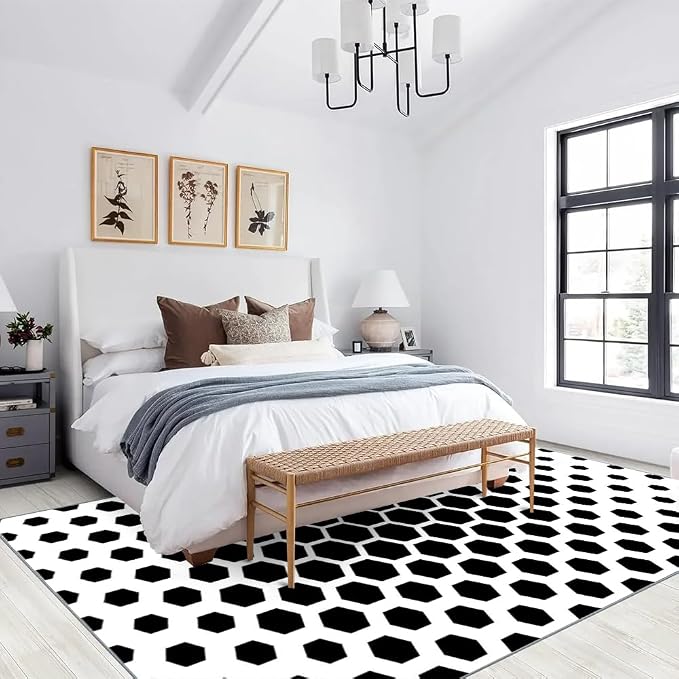 Modern Geometric Area Rugs, Black White Honeycomb Carpet, Washable Non Slip Low Pile Soft Rug for Living Room Bedroom Decor Mat 6x9ft