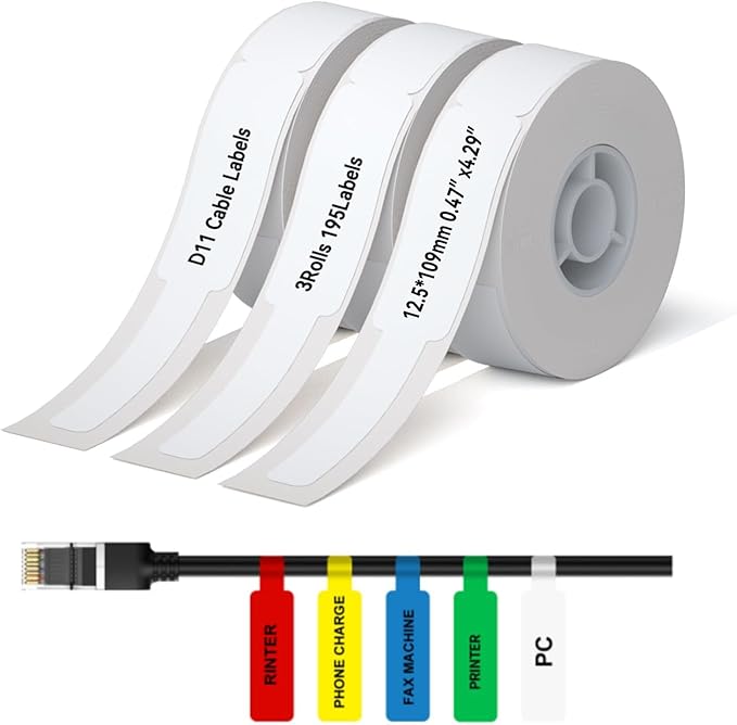 NIIMBOT D11 D110 Label Maker Tape Adhesive White Label Paper 0.47" X 4.29" (12.5 X 109mm) 65 Labels/Roll, Compatible for NIIMBOT D11 D110 Label Printer, Thermal Paper Black on White, 3-Roll