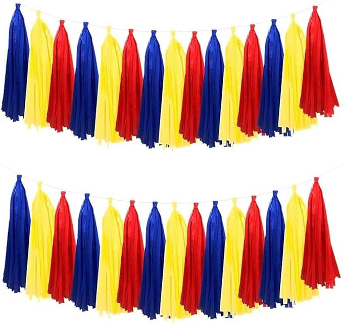 We Moment Red Blue Yellow Tissue Paper Tassels Party Tassel Garland Banner for Birthday Party Decorations, DIY Kits,15PCS