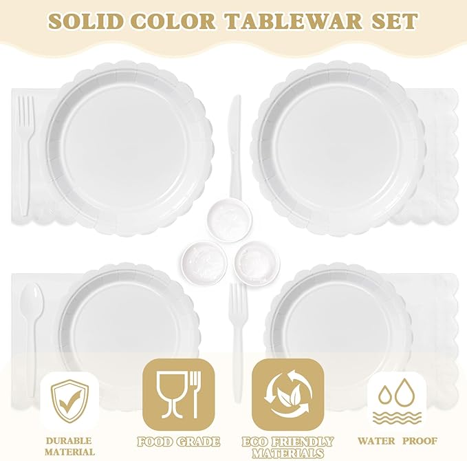 Vyntra 350 PCS Disposable Plates for Party, Paper Plates & Napkins Set with Cups, Knives, Forks, Spoons, 7'' Dessert and 9'' Dinner Plates for Wedding, Birthday, New Year’s Eve, Christmas - White