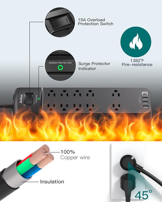 12FT Long Power Strip Surge Protector, Addtam Surge Protector with 10 Outlets and 4 USB Ports, Extension Cord with Flat Plug, 2700 Joules, ETL Listed, Black